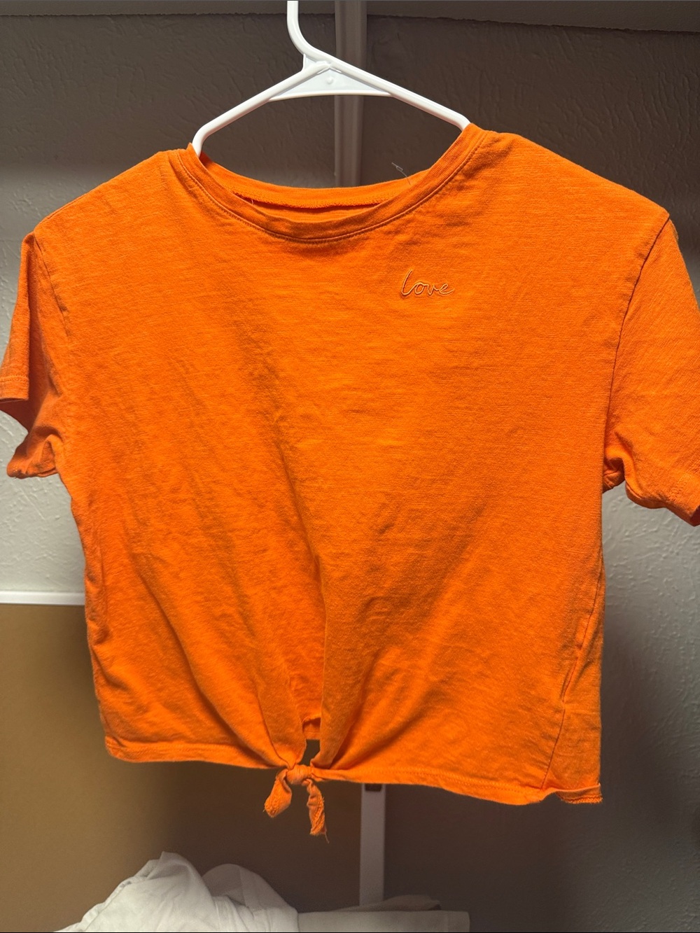 H&M Orange Tie-Front Crop Tee with 'Love' Embroidery